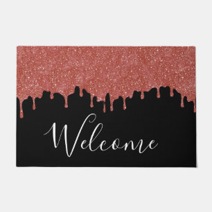 Hot Pink and Black Glitter Drips Welcome Door Mat