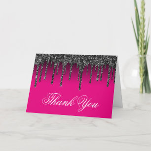 Hot Pink and Black Gradient Glitter Drips Thank You Card
