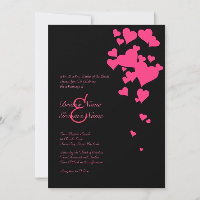 Hot Pink and Black Hearts Wedding Invitation (Front)