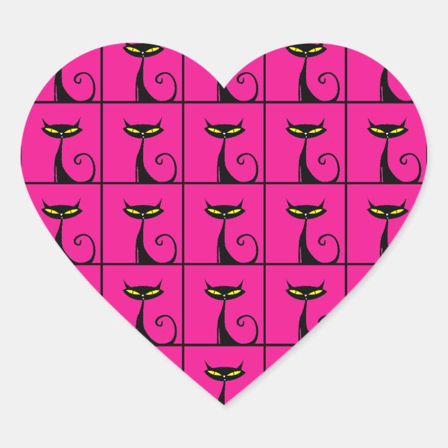 Hot Pink and Black Kitty Cats Collage Heart Sticker (Front)