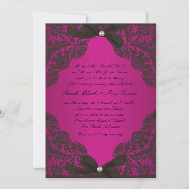 Hot Pink and Black Lace wedding invitation (Front)