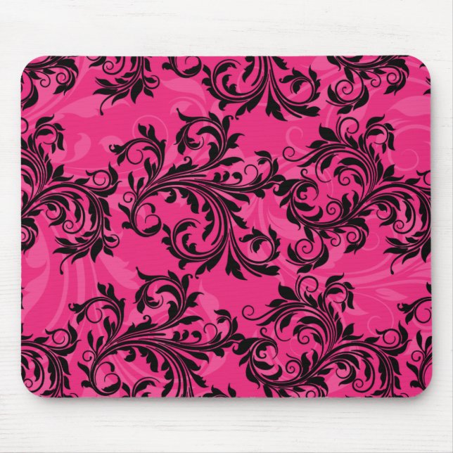 Hot Pink and Black Leafy Scrolls Mousepad (Front)