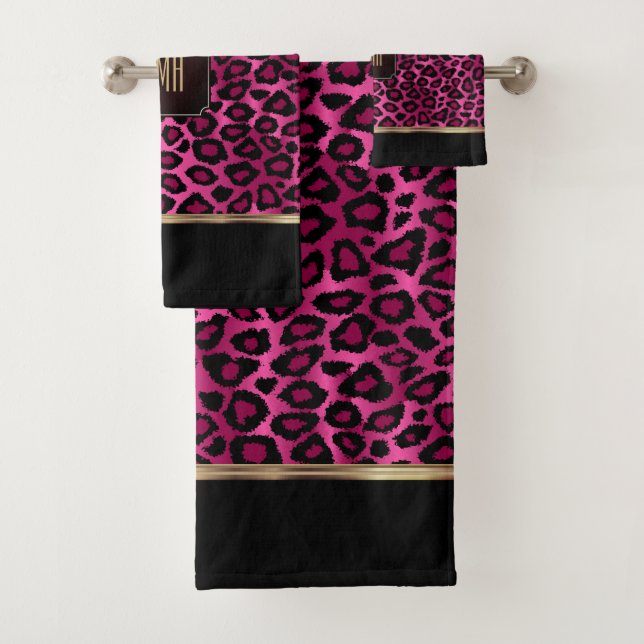 Hot Pink and Black Leopard Pattern with Monogram Bath Towel Set (Insitu)