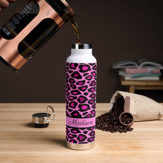 Hot Pink and Black Leopard Print Personalised Water Bottle (Coffee)