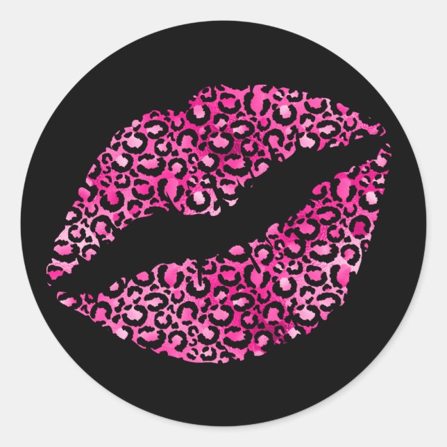 Hot Pink and Black Leopard Spots Lipstick Classic Round Sticker (Front)