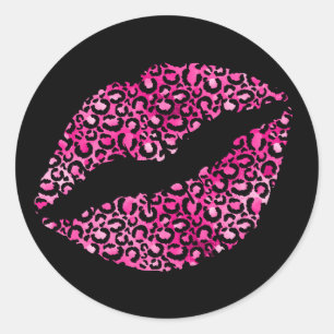 Hot Pink and Black Leopard Spots Lipstick Classic Round Sticker