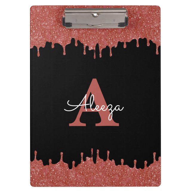 Hot Pink and Black Monogram Glitter Drips Clipboard (Front)