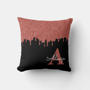 Hot Pink and Black Monogram Glitter Drips Cushion
