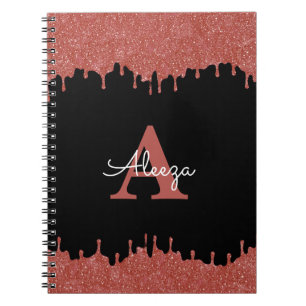 Hot Pink and Black Monogram Glitter Drips Notebook