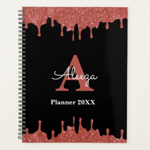 Hot Pink and Black Monogram Glitter Drips Planner