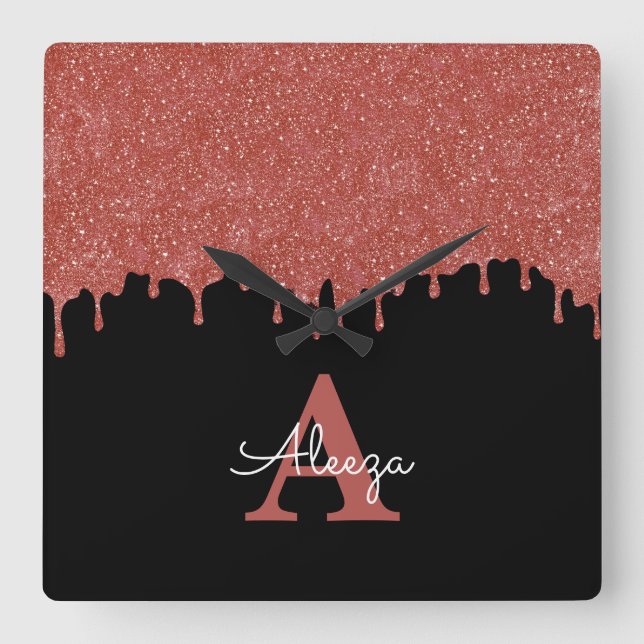 Hot Pink and Black Monogram Glitter Drips Square Wall Clock (Front)
