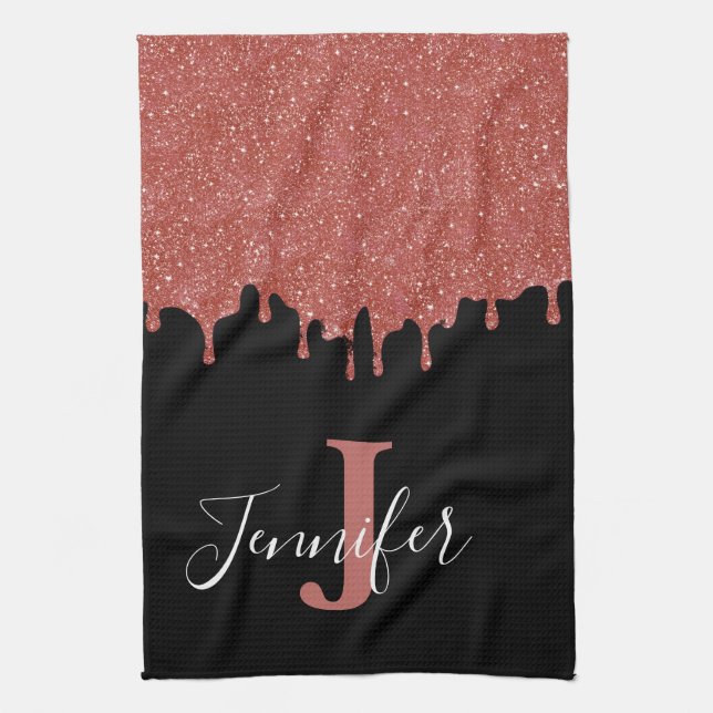 Hot Pink and Black Monogram Glitter Drips Tea Towel (Vertical)