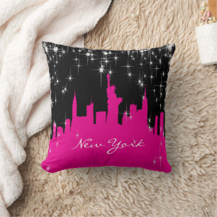 Hot Pink and Black New York Skyline Cushion