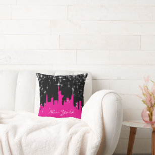 Hot Pink and Black New York Skyline Cushion