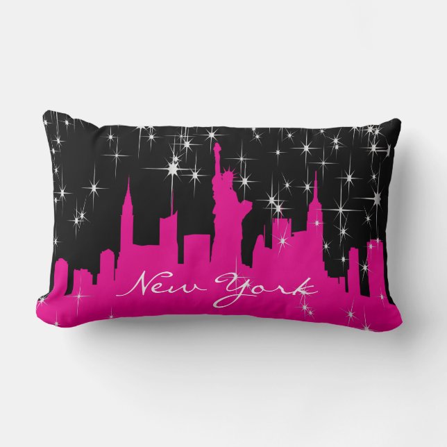 Hot Pink and Black New York Starry Skyline Lumbar Cushion (Front)