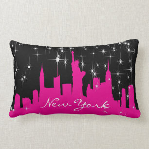 Hot Pink and Black New York Starry Skyline Lumbar Cushion