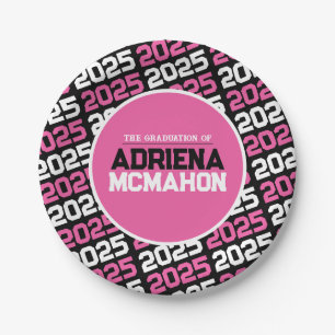 Hot Pink and Black Personalised Graduation Paper Plate