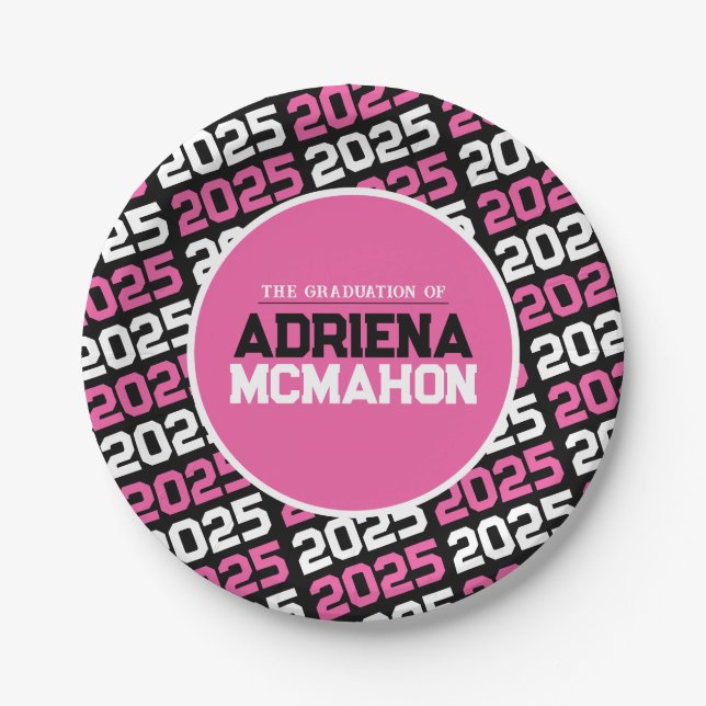 Hot Pink and Black Personalised Graduation Paper Plate (Front)