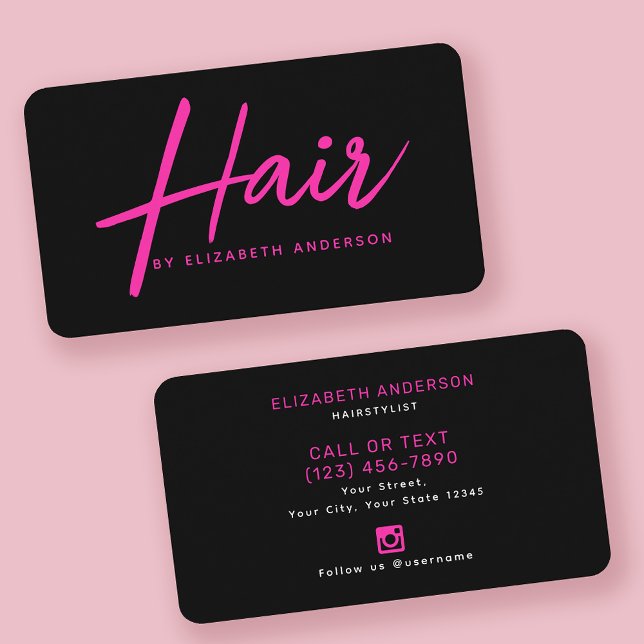 Hot Pink and Black Retro Script Hairstylist  Business Card (Creator Uploaded)
