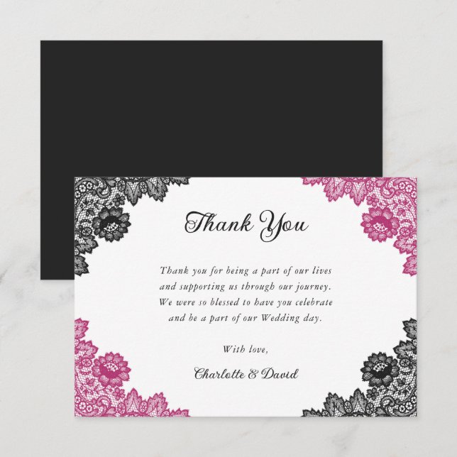 Hot Pink and Black Rustic Floral Lace Wedding Thank You Card (Front/Back)