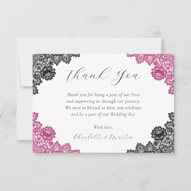 Hot Pink and Black Rustic Floral Lace Wedding Thank You Card (Front)