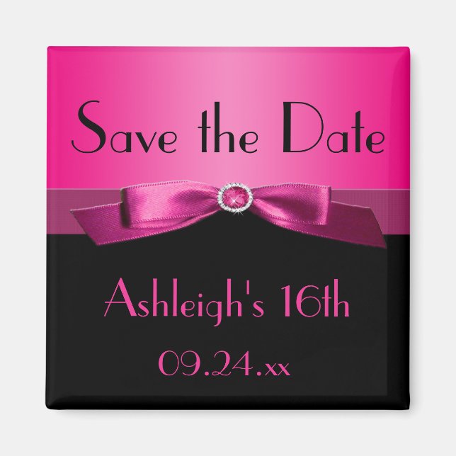Hot Pink and Black Save the Date Magnet (Front)