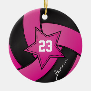 Hot Pink and Black Star Volleyball Ceramic Tree Decoration