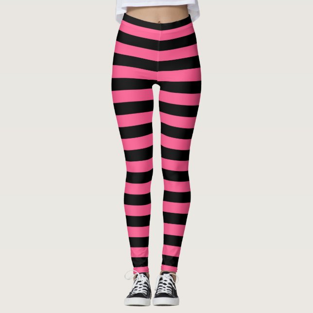 Hot Pink and Black Stripes Leggings (Front)