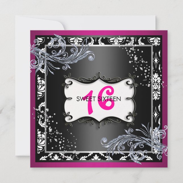 Hot Pink and Black Sweet Sixteen Invitation (Front)
