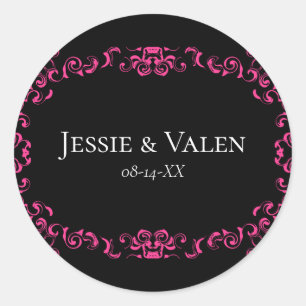 Hot Pink and Black Swirl Gothic Wedding Classic Round Sticker
