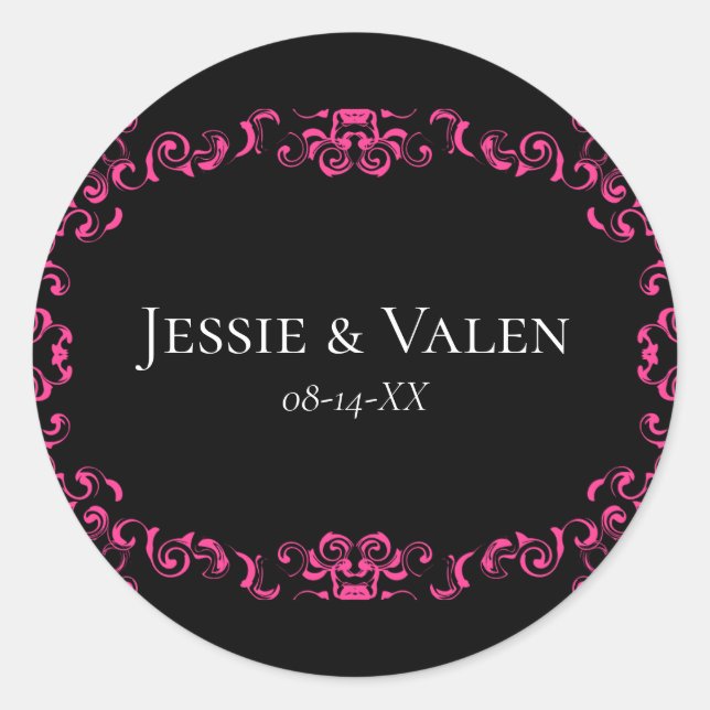 Hot Pink and Black Swirl Gothic Wedding Classic Round Sticker (Front)