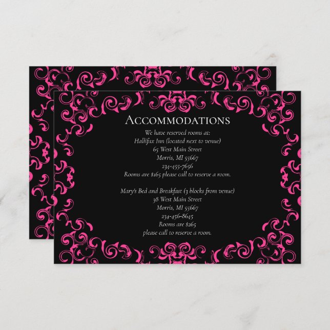 Hot Pink and Black Swirl Gothic Wedding Enclosure Card (Front/Back)