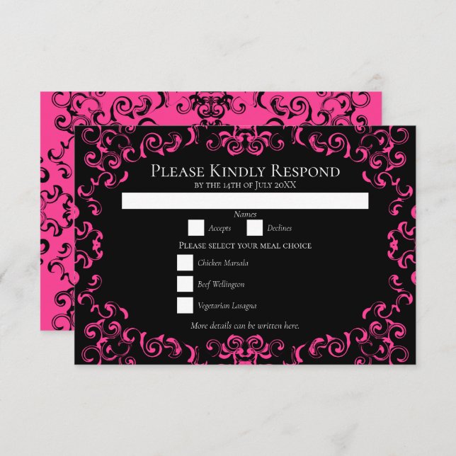 Hot Pink and Black Swirl Gothic Wedding Invitation (Front/Back)