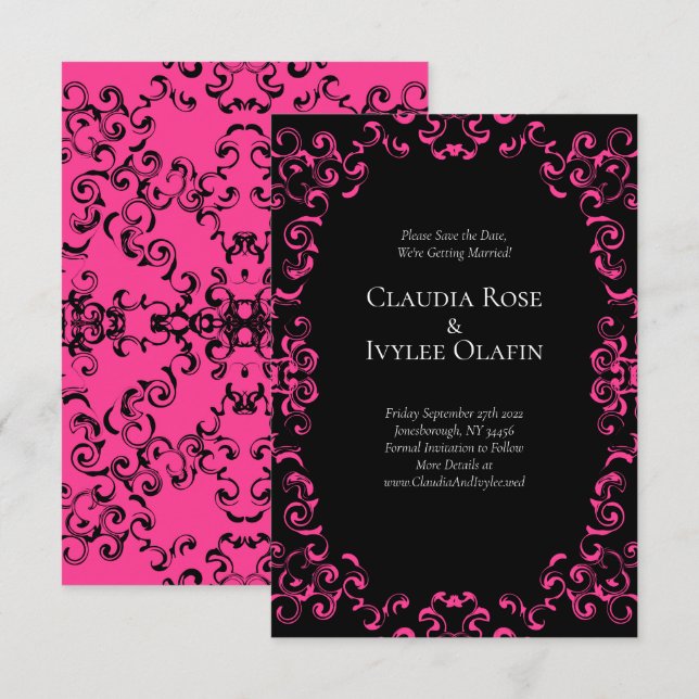 Hot Pink and Black Swirl Gothic Wedding Invitation (Front/Back)