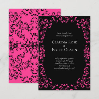 Hot Pink and Black Swirl Gothic Wedding Invitation