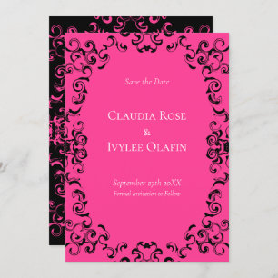 Hot Pink and Black Swirl Gothic Wedding Invitation