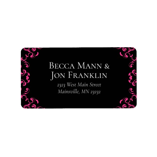 Hot Pink and Black Swirl Gothic Wedding Label (Front)