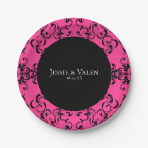 Hot Pink and Black Swirl Gothic Wedding Paper Plate