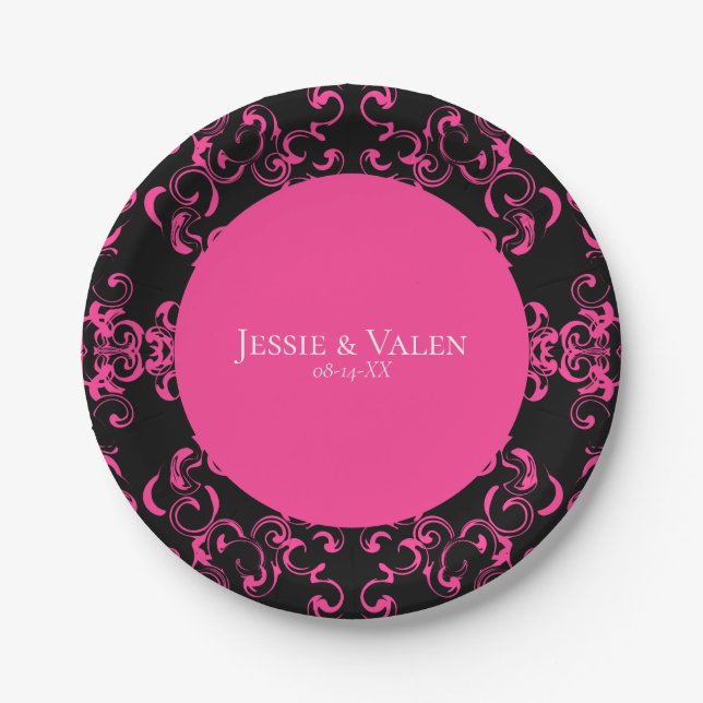 Hot Pink and Black Swirl Gothic Wedding Paper Plate (Front)