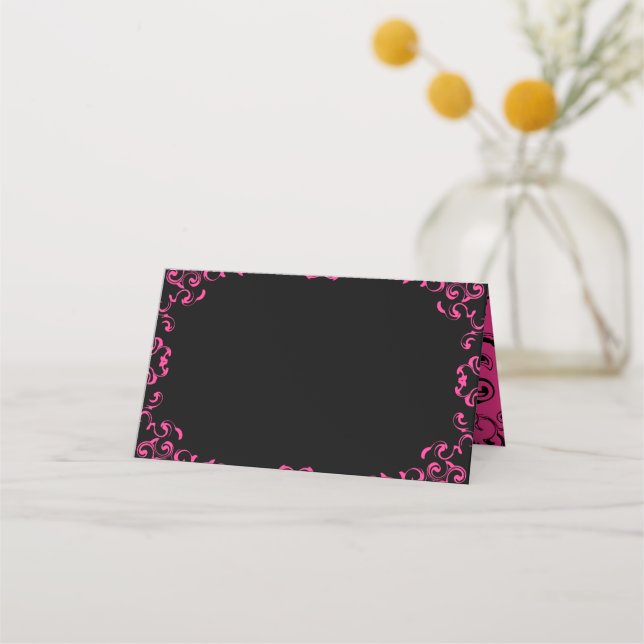 Hot Pink and Black Swirl Gothic Wedding Place Card (Front)