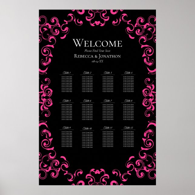 Hot Pink and Black Swirl Gothic Wedding Poster (Front)