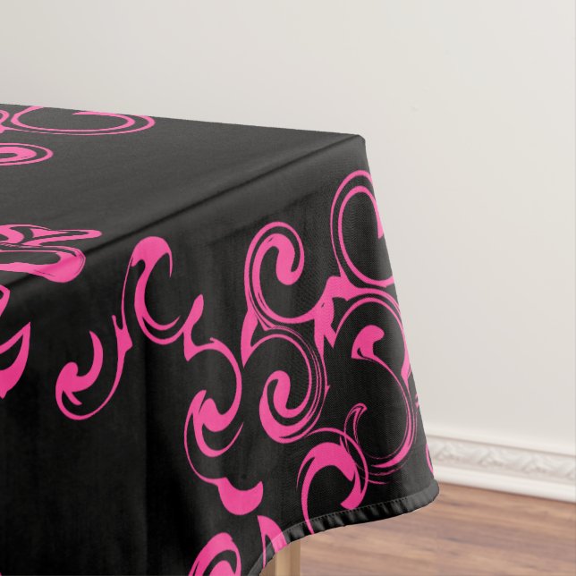 Hot Pink and Black Swirl Gothic Wedding Tablecloth (In Situ)