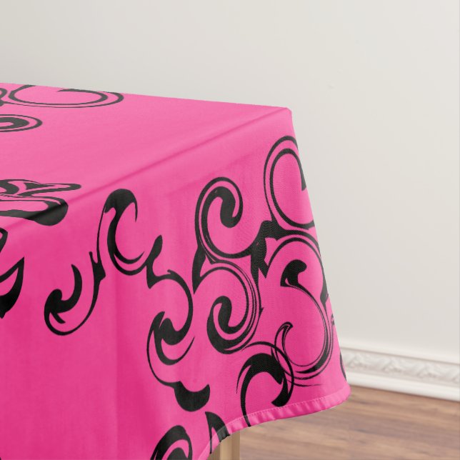 Hot Pink and Black Swirl Gothic Wedding Tablecloth (In Situ)