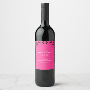 Hot Pink and Black Swirl Gothic Wedding Wine Label