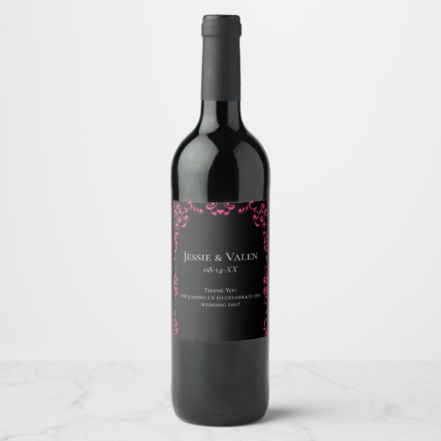 Hot Pink and Black Swirl Gothic Wedding Wine Label (Front)