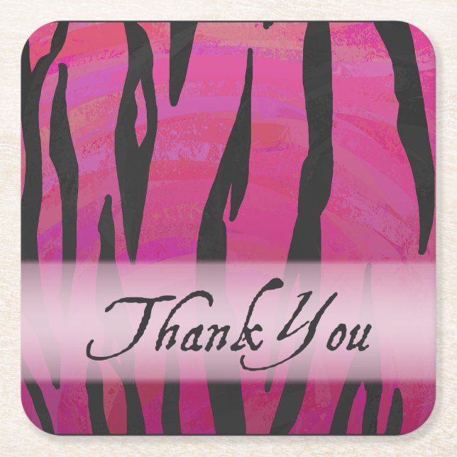 Hot Pink and Black Tiger Stripe Thank You Square Paper Coaster (Front)