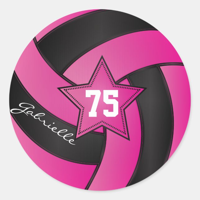 Hot Pink and Black Volleyball | DIY Text Classic Round Sticker (Front)