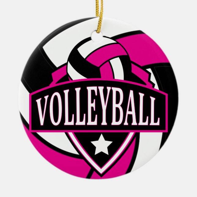 Hot Pink and Black Volleyball Logo Ceramic Tree Decoration (Front)