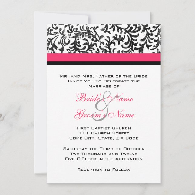 Hot Pink and Black Wedding Invitation (Front)