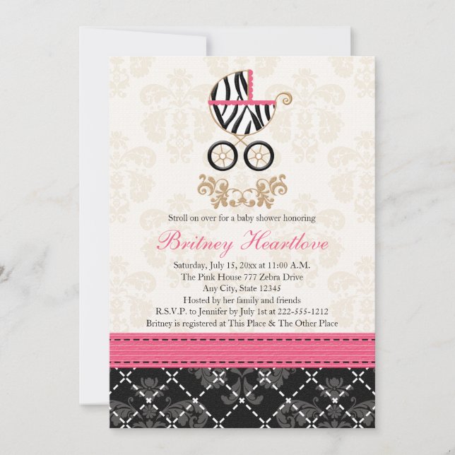 Hot Pink and Black Zebra Carriage Baby Shower Invitation (Front)